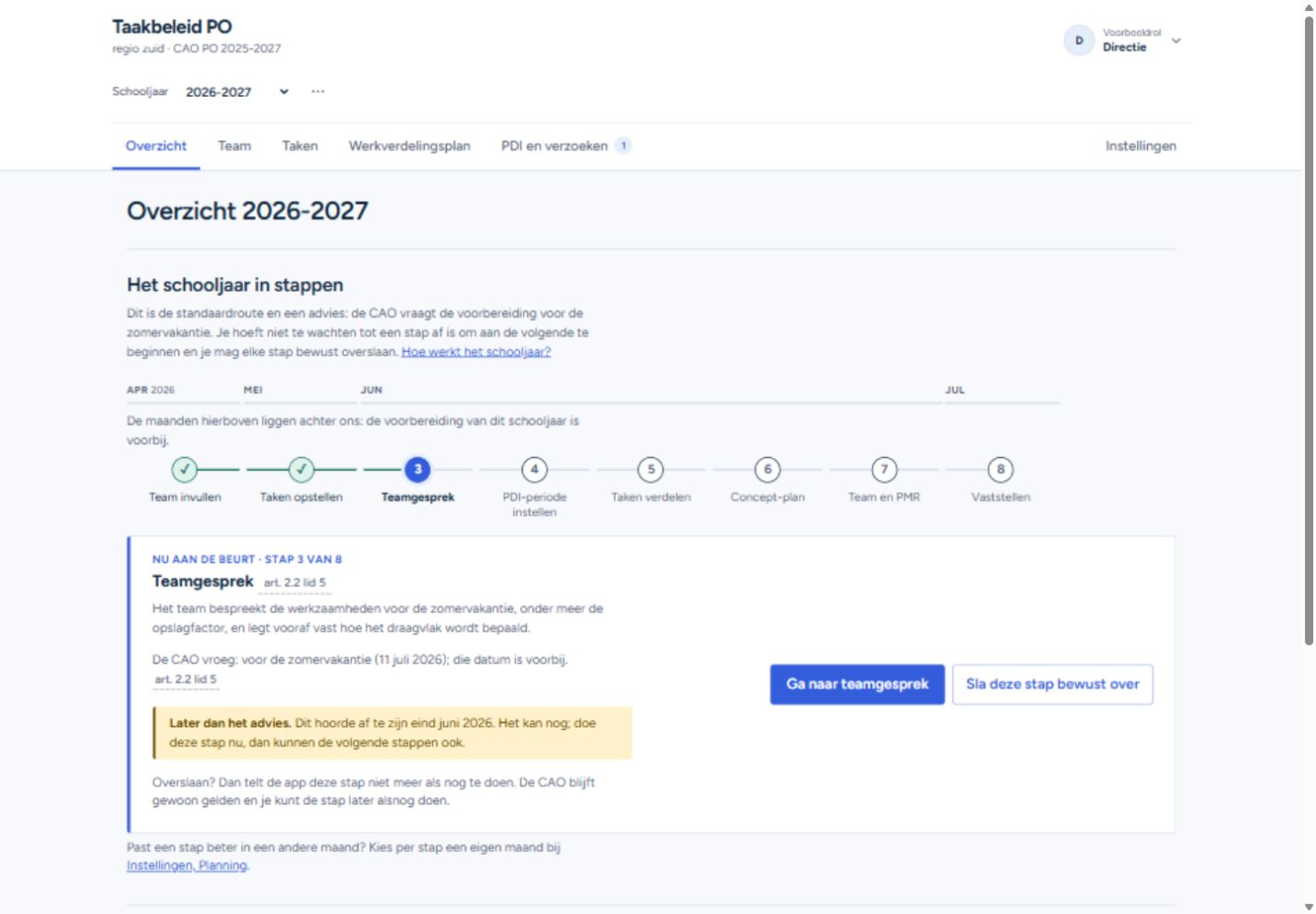 Het directieoverzicht uit de fictieve demo: acht stappen in de schooljaarroute, met het teamgesprek als volgende stap.