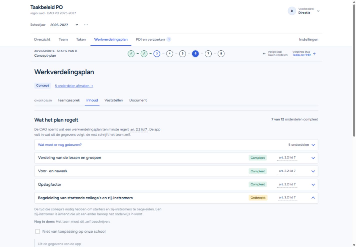 Het concept-werkverdelingsplan uit de fictieve demo: 7 van 12 onderdelen compleet.